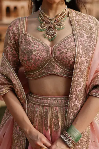 Pink Embroidered Raw Silk Lehenga Set