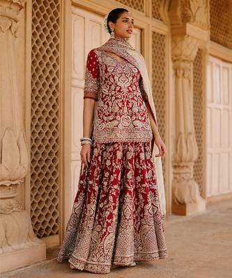 Deep Red And Gold Embroidered Silk Chanderi Kurti Lehenga Set 1