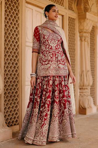 Deep Red And Gold Embroidered Silk Chanderi Kurti Lehenga Set