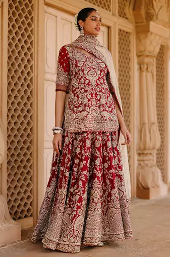 Deep Red And Gold Embroidered Silk Chanderi Kurti Lehenga Set