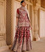 Deep Red And Gold Embroidered Silk Chanderi Kurti Lehenga Set