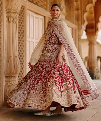 Deep Red And Gold Embroidered Silk Chanderi Kurti Lehenga Set 2