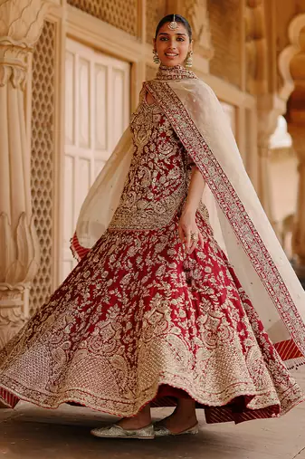 Deep Red And Gold Embroidered Silk Chanderi Kurti Lehenga Set
