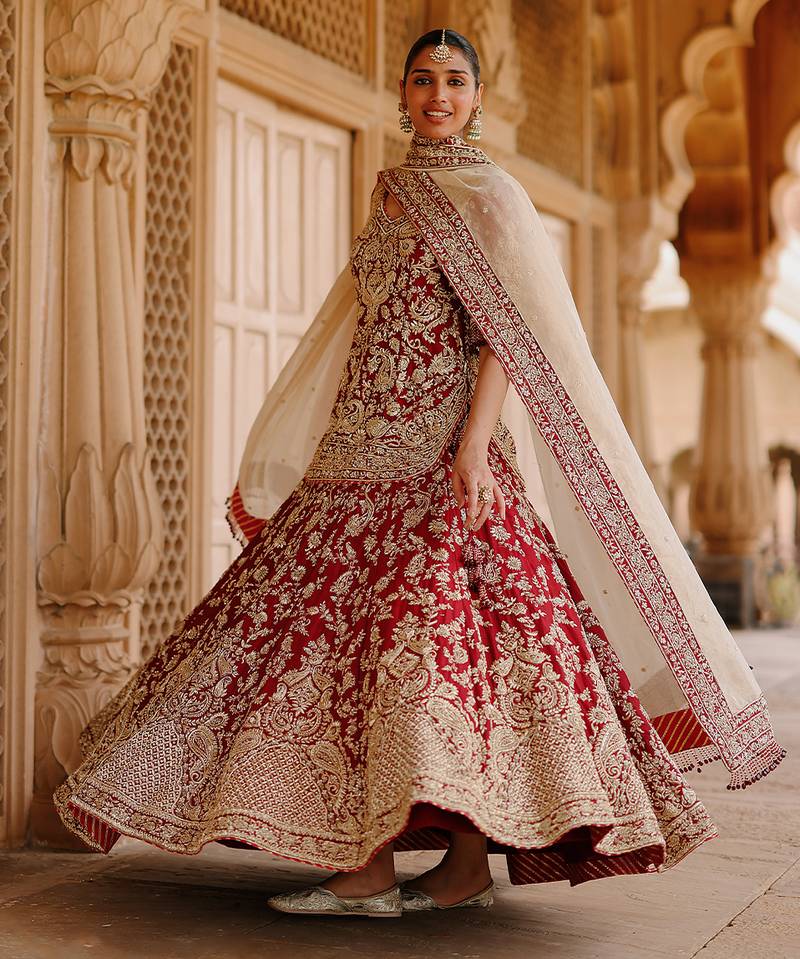 Deep Red And Gold Embroidered Silk Chanderi Kurti Lehenga Set