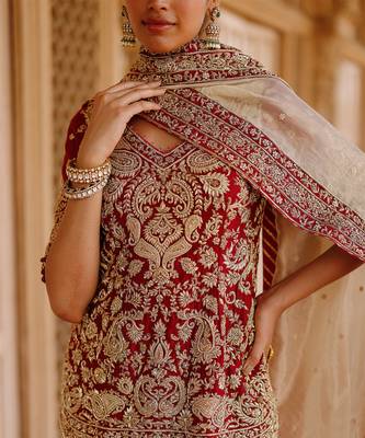 Deep Red And Gold Embroidered Silk Chanderi Kurti Lehenga Set 3