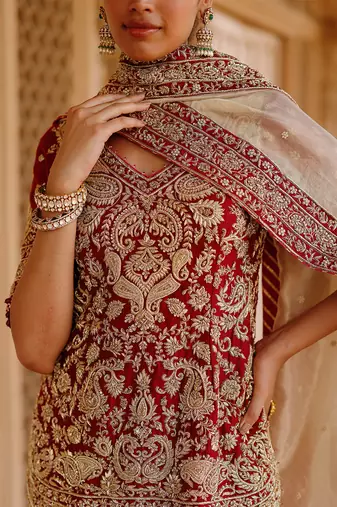 Deep Red And Gold Embroidered Silk Chanderi Kurti Lehenga Set