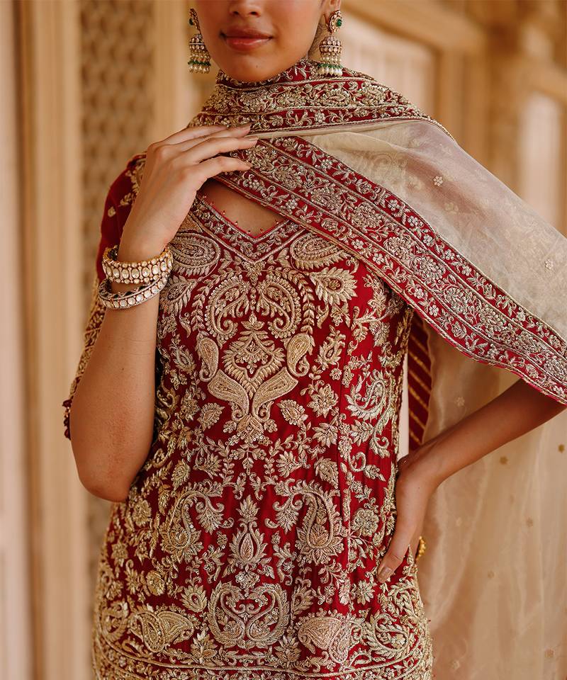 Deep Red And Gold Embroidered Silk Chanderi Kurti Lehenga Set