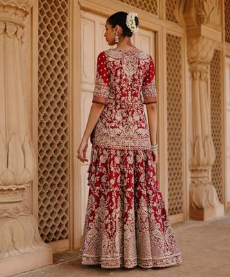 Deep Red And Gold Embroidered Silk Chanderi Kurti Lehenga Set 4