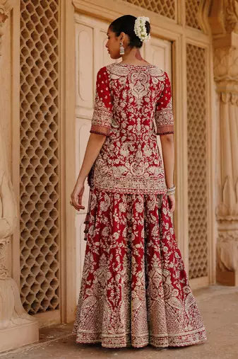 Deep Red And Gold Embroidered Silk Chanderi Kurti Lehenga Set