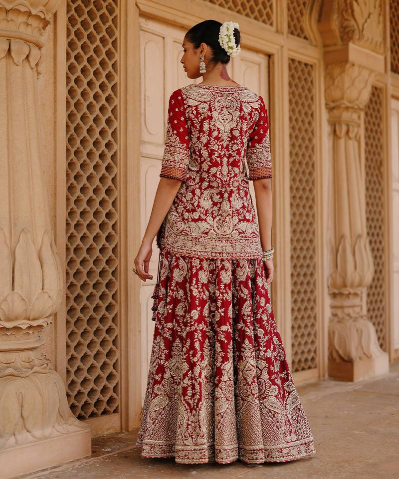 Deep Red And Gold Embroidered Silk Chanderi Kurti Lehenga Set