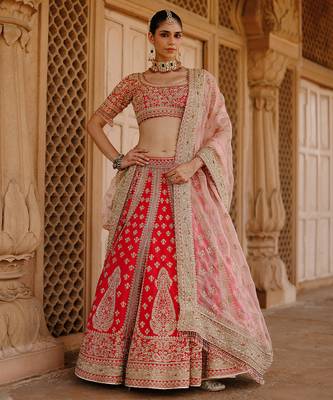 Hot Pink And Rose Embroidered Raw Silk Lehenga Set 1