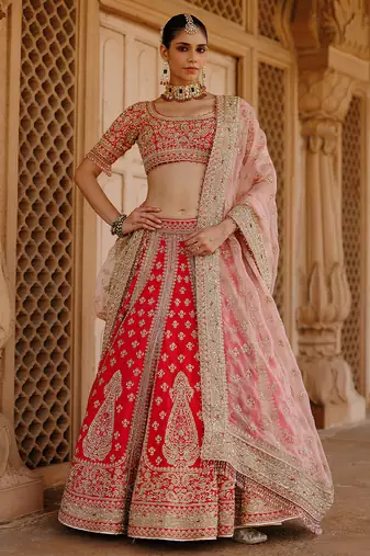 Hot Pink And Rose Embroidered Raw Silk Lehenga Set