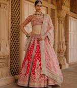 Hot Pink And Rose Embroidered Raw Silk Lehenga Set