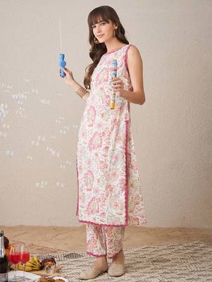 Floral Printed Boat Neck Pure Cotton Straight Kurta With Trouser 6