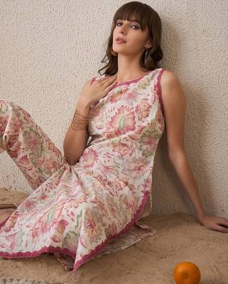 Floral Printed Boat Neck Pure Cotton Straight Kurta With Trouser 7