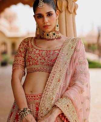 Hot Pink And Rose Embroidered Raw Silk Lehenga Set 2