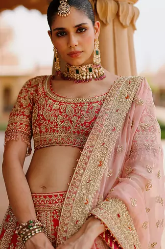 Hot Pink And Rose Embroidered Raw Silk Lehenga Set