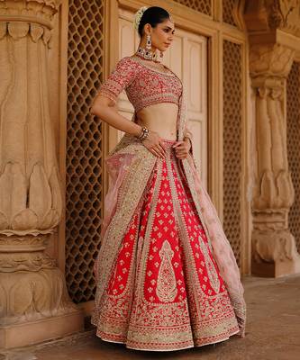 Hot Pink And Rose Embroidered Raw Silk Lehenga Set 3