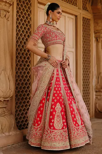Hot Pink And Rose Embroidered Raw Silk Lehenga Set