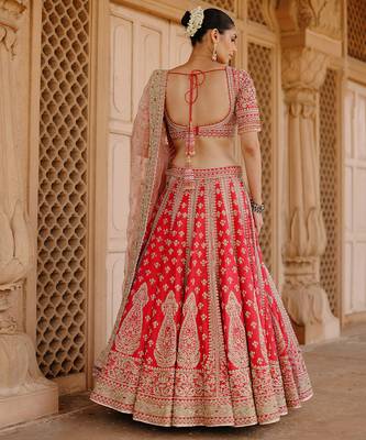 Hot Pink And Rose Embroidered Raw Silk Lehenga Set 4