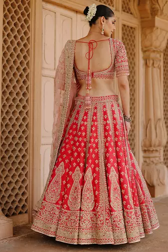 Hot Pink And Rose Embroidered Raw Silk Lehenga Set