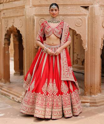 Deep Red Embroidered Raw Silk Lehenga Set 1