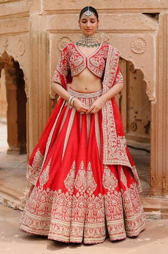 Deep Red Embroidered Raw Silk Lehenga Set