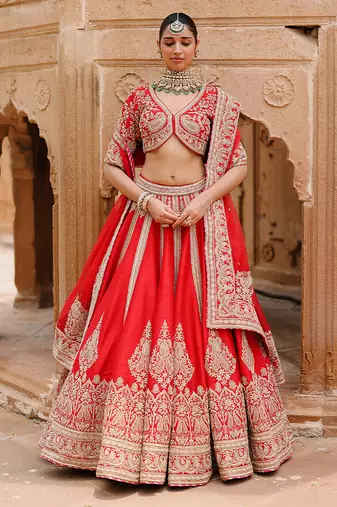 Deep Red Embroidered Raw Silk Lehenga Set