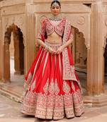 Deep Red Embroidered Raw Silk Lehenga Set