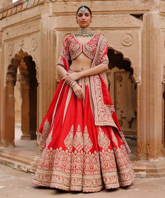 Deep Red Embroidered Raw Silk Lehenga Set 2