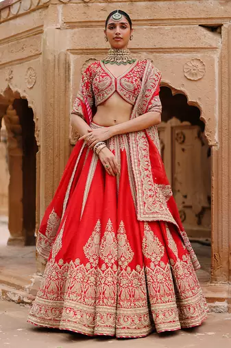 Deep Red Embroidered Raw Silk Lehenga Set