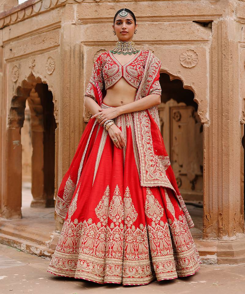 Deep Red Embroidered Raw Silk Lehenga Set