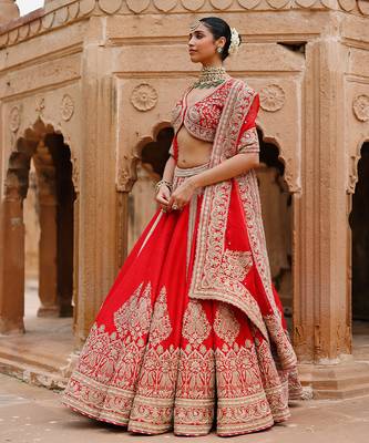 Deep Red Embroidered Raw Silk Lehenga Set 3