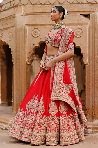 Deep Red Embroidered Raw Silk Lehenga Set