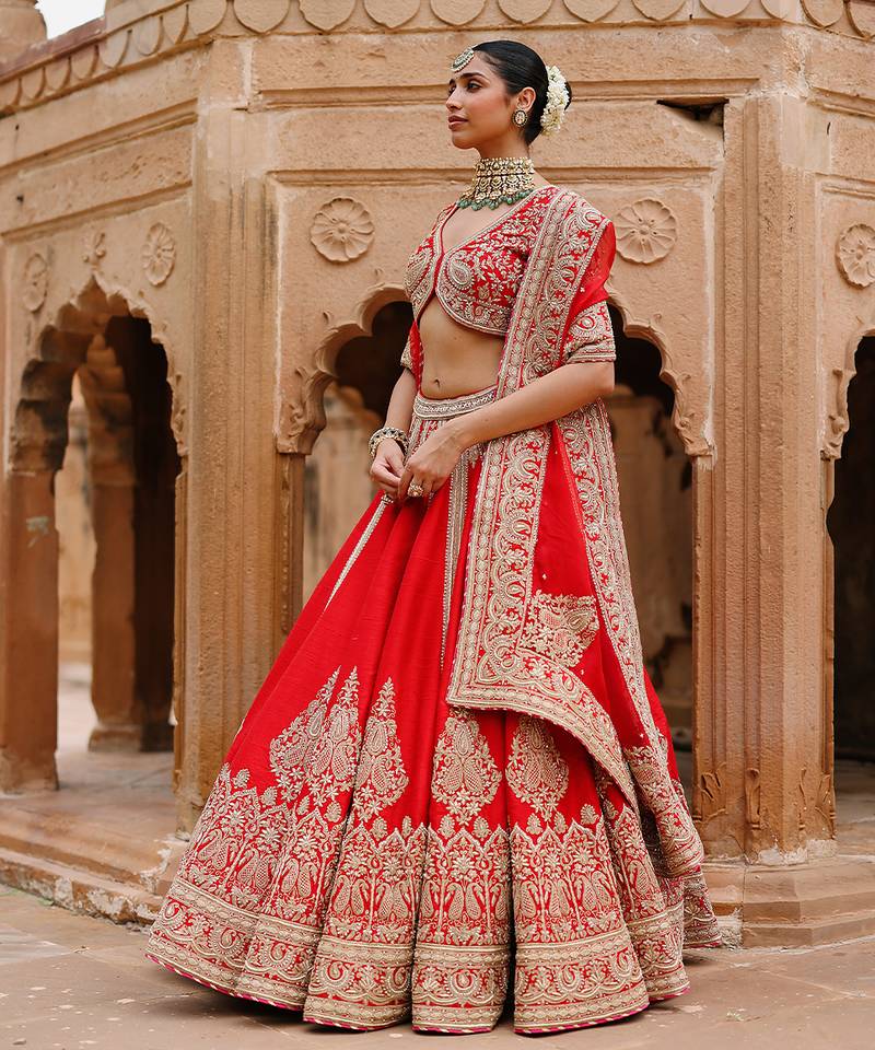 Deep Red Embroidered Raw Silk Lehenga Set