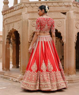 Deep Red Embroidered Raw Silk Lehenga Set 4