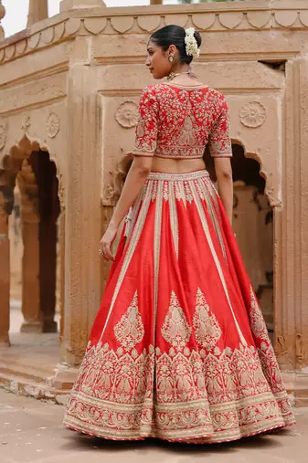 Deep Red Embroidered Raw Silk Lehenga Set