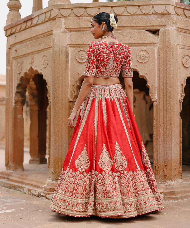 Deep Red Embroidered Raw Silk Lehenga Set