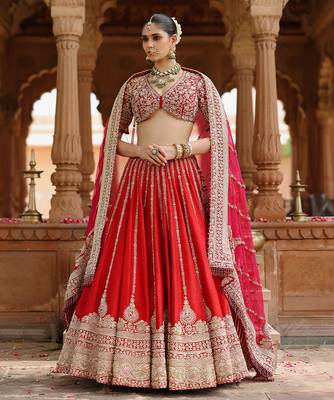 Deep Red And Hot Pink Embroidered Raw Silk Lehenga Set 1
