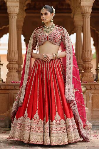Deep Red And Hot Pink Embroidered Raw Silk Lehenga Set