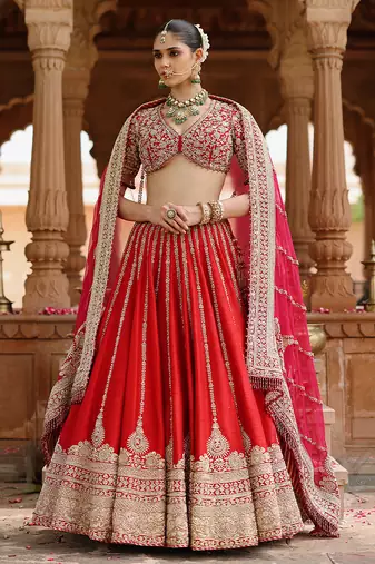 Deep Red And Hot Pink Embroidered Raw Silk Lehenga Set