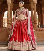 Deep Red And Hot Pink Embroidered Raw Silk Lehenga Set