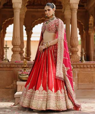 Deep Red And Hot Pink Embroidered Raw Silk Lehenga Set 2