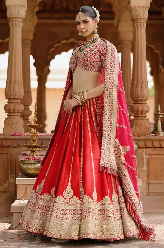 Deep Red And Hot Pink Embroidered Raw Silk Lehenga Set
