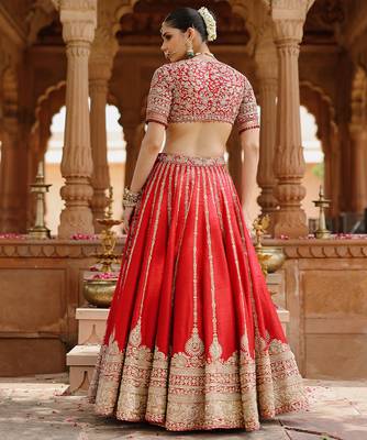Deep Red And Hot Pink Embroidered Raw Silk Lehenga Set 3