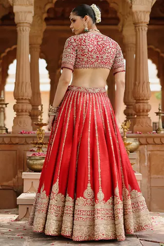 Deep Red And Hot Pink Embroidered Raw Silk Lehenga Set