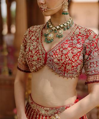 Deep Red And Hot Pink Embroidered Raw Silk Lehenga Set 4