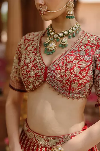 Deep Red And Hot Pink Embroidered Raw Silk Lehenga Set
