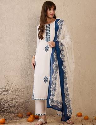 Women Floral Embroidered Regular Thread Work Pure Cotton Kurta with Trousers & With Dupatta 1