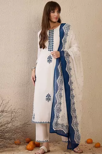 Women Floral Embroidered Regular Thread Work Pure Cotton Kurta with Trousers & With Dupatta
